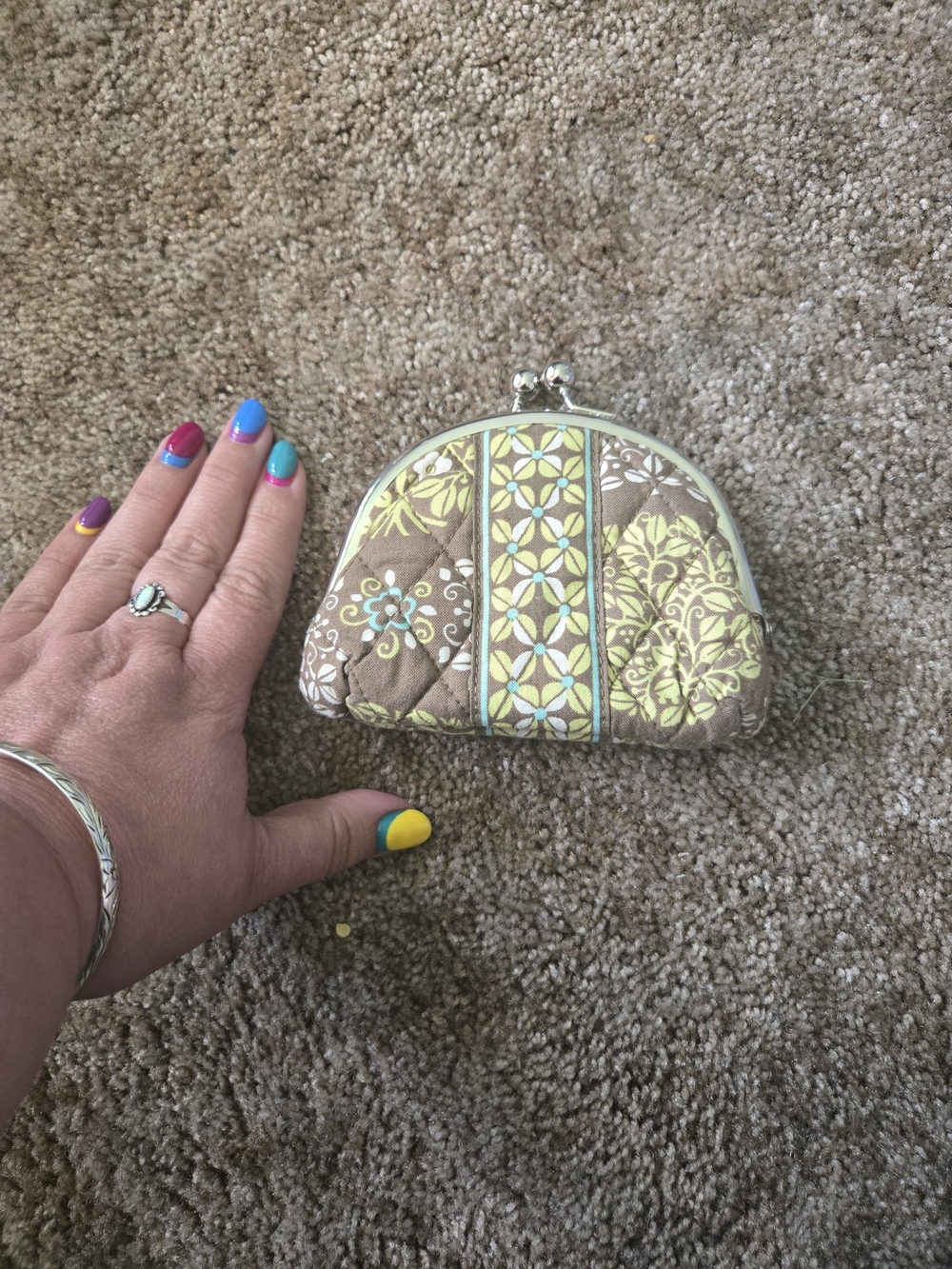 VERA BRADLEY Quilted Floral Kiss-Lock Coin Purse in Brown & Lime